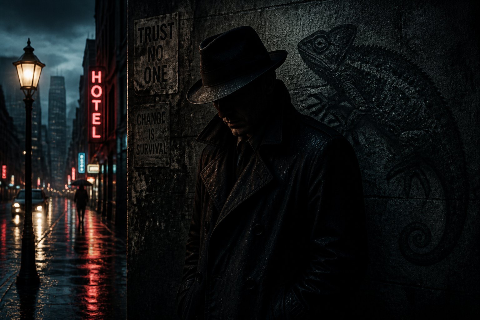 A solitary figure in a dark coat stands on a wet city street at dusk under a flickering streetlamp, with a faint chameleon shape blending into the wall behind.