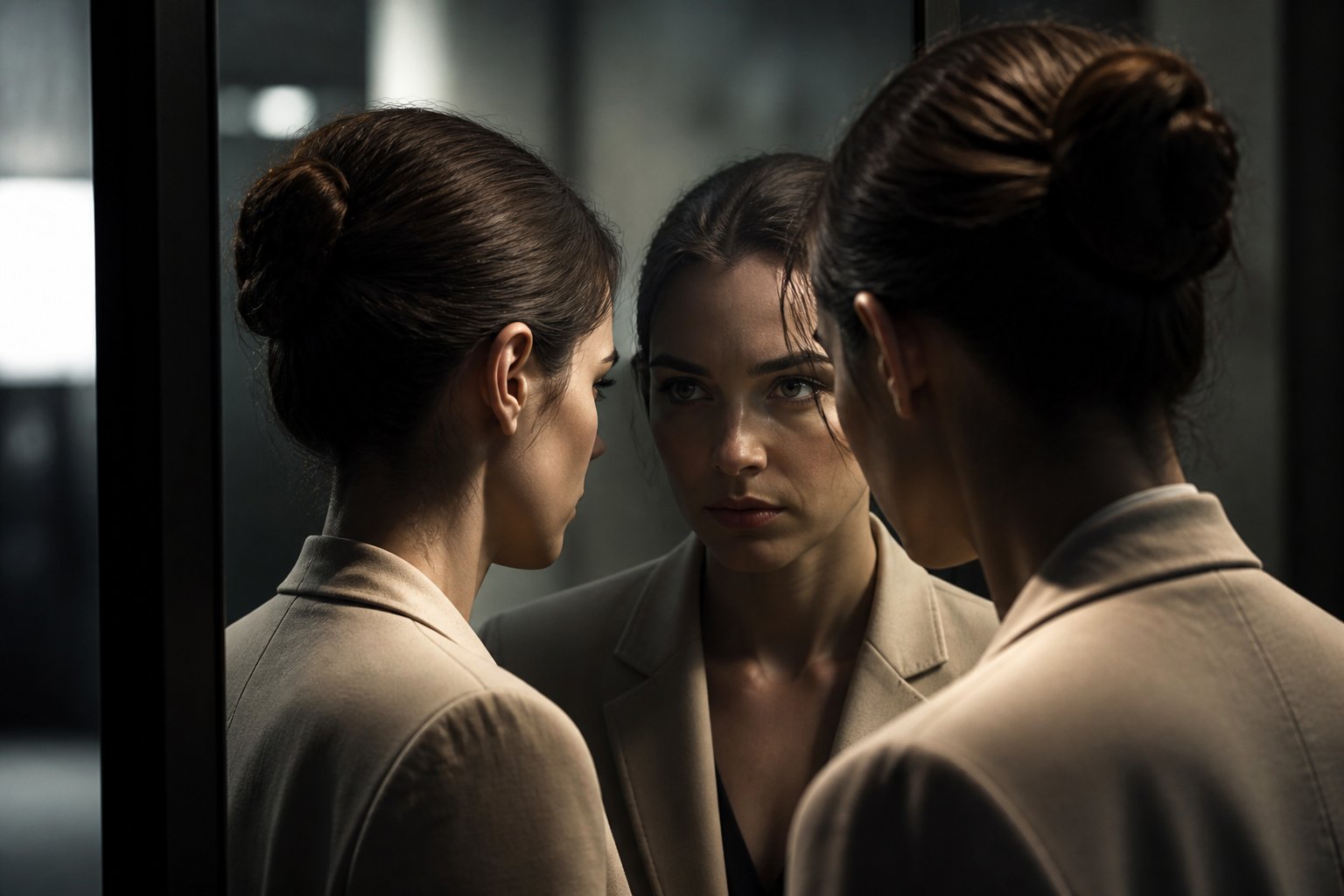 A person looking at their reflection in a mirror, with the reflection showing a different expression, symbolizing inner conflict.