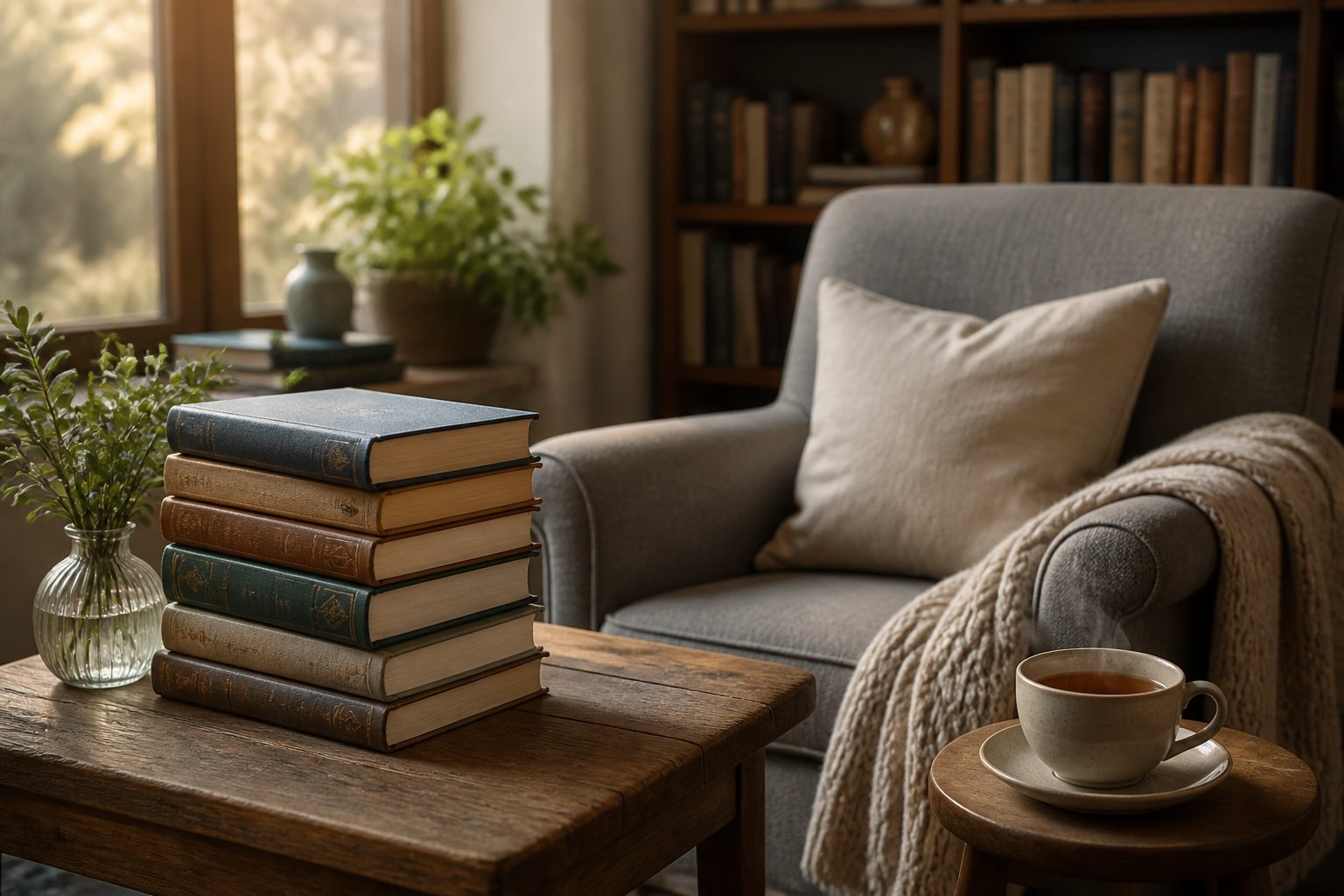 A cozy reading nook with a stack of books on a wooden table, a comfortable armchair, and a cup of tea by a window with soft natural light.