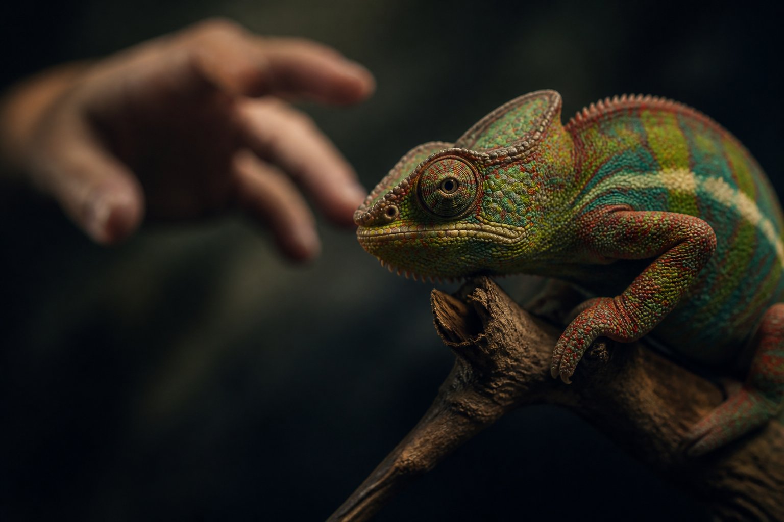 A close-up of a chameleon on a branch with a blurred hand reaching toward it in the background.