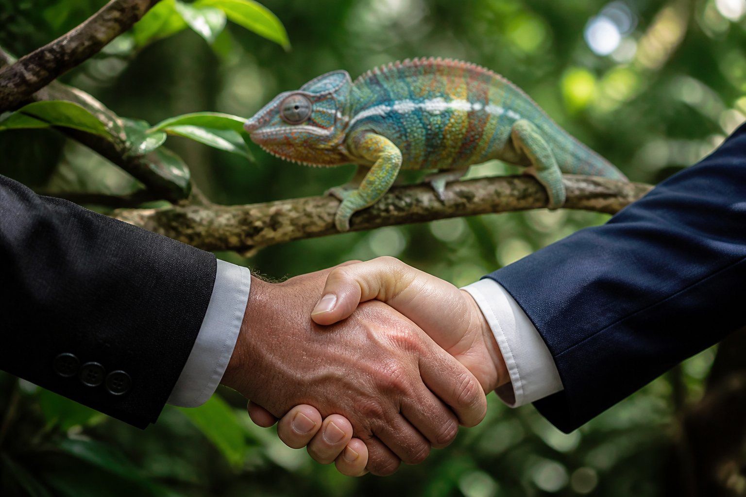 Two hands shaking with a colorful chameleon blending into leaves in the background.