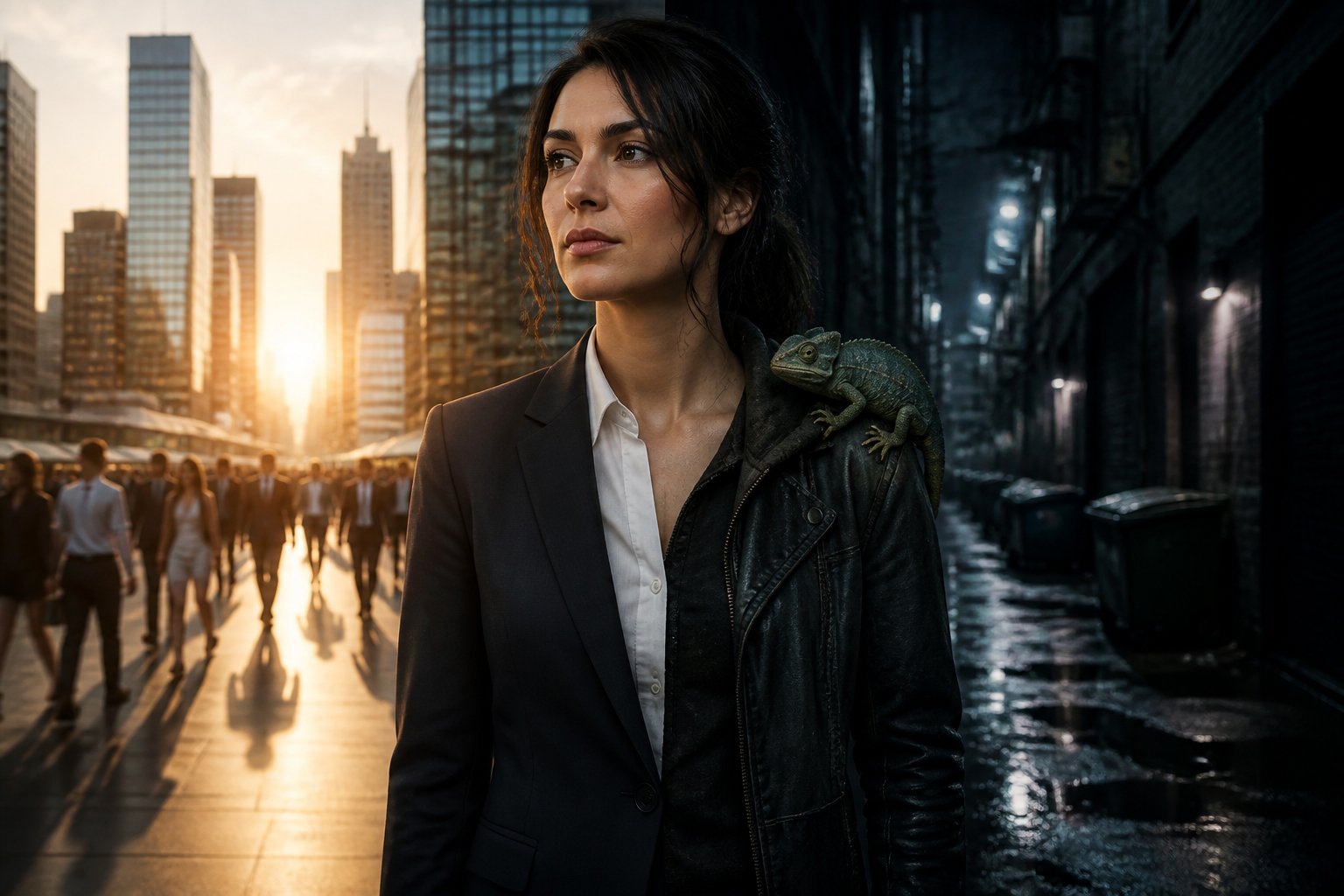 A woman standing between a bright cityscape and a dark alley, showing two sides of her identity with contrasting outfits and a thoughtful expression.