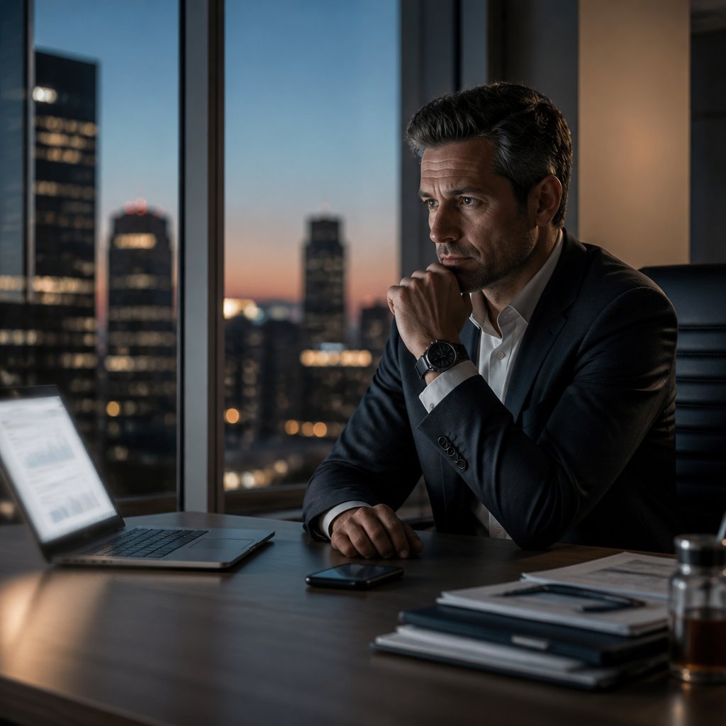 A successful-looking professional sits alone in a modern office at dusk, appearing composed but visibly tired and emotionally strained.
