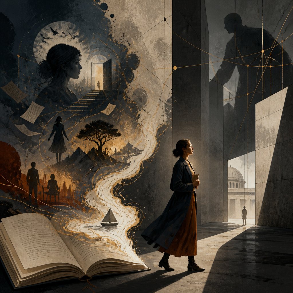 A resilient woman stands between shadowy story imagery and imposing structures, facing a narrow path toward light and open space.