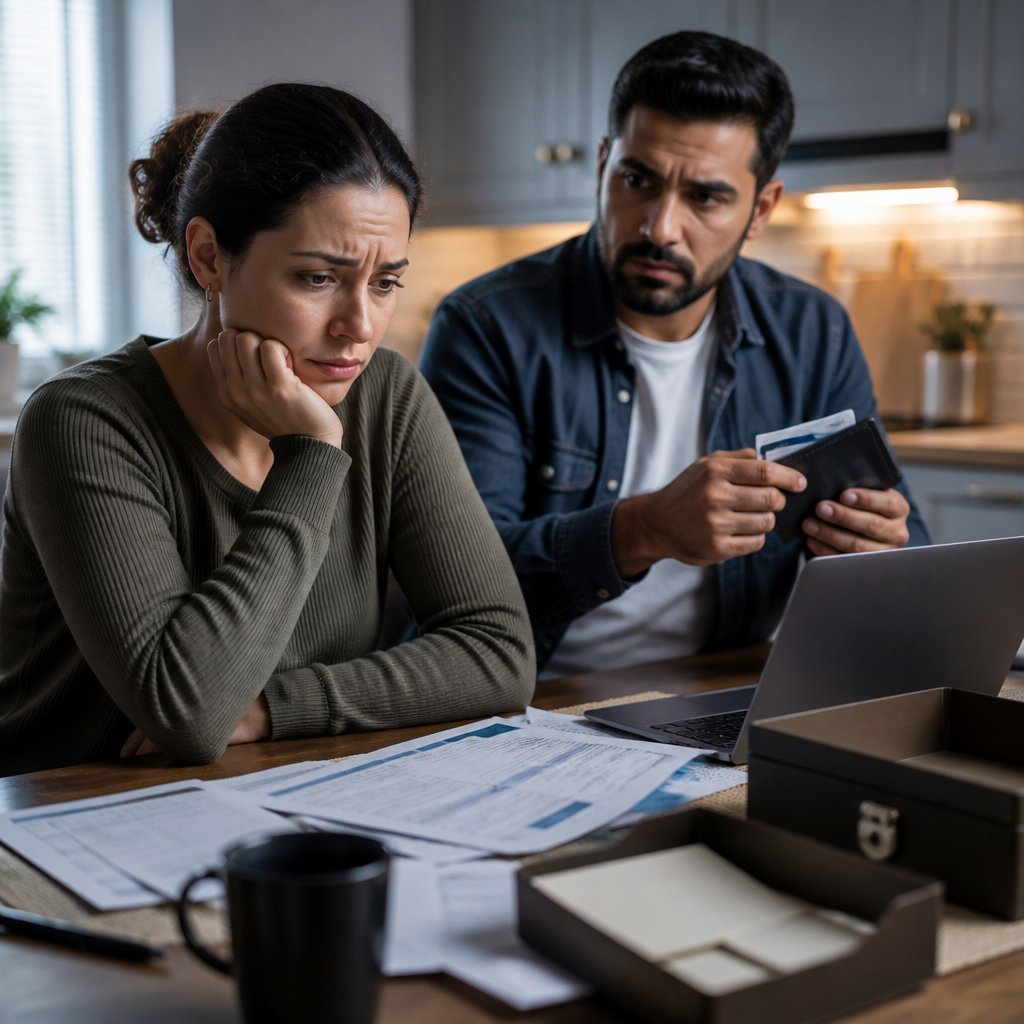 A worried woman sits at a table while a man controls a wallet and financial documents nearby.