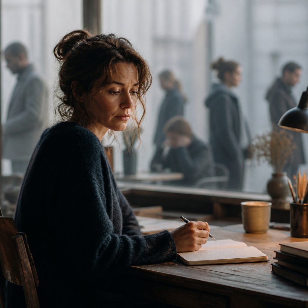 A thoughtful woman writer sits alone at a desk by a window, writing in a notebook while blurred figures outside suggest hidden struggles.