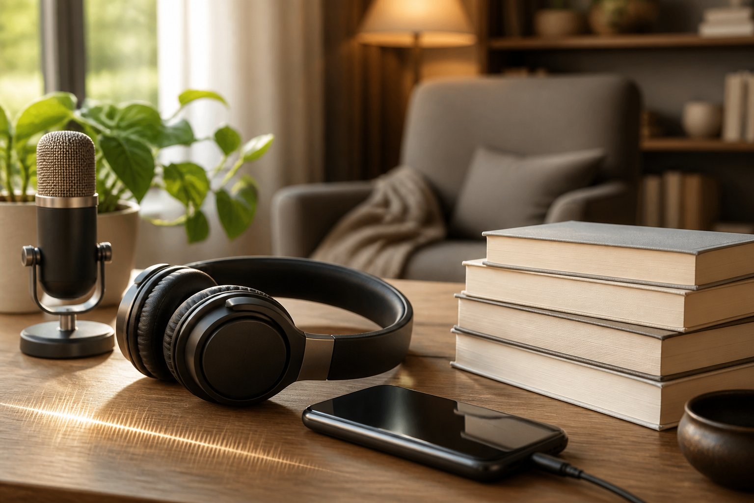 Headphones and an audio player beside blank books in a warmly lit reading space.