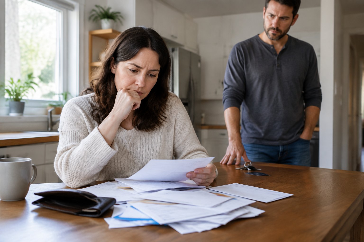 A concerned adult reviews bills at a table while another person watches nearby.